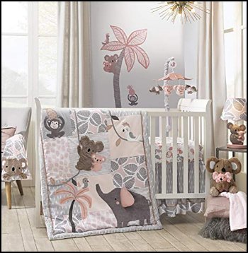 Calypso 4-Piece Crib Bedding Set - Pink, Gray, Gold, Animals, Jungle