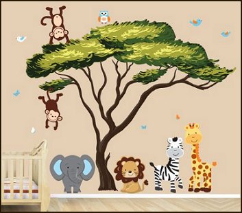 Jungle Tree Decal with Green Leaves, African Tree with Paradise Animals