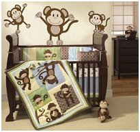 Monkeying around is all about having lots of fun. Hanging from trees, eating bananas and playing on a background of yellow, brown, green and blue. This neutral bedding collection is perfect for your baby boy or girl. 4 Super Cute Monkeys Wall Decals Sticker Art Mural 