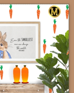 Peter Rabbit art prints    Carrot wall decal stickers  Faux Trees  Faux plants    
