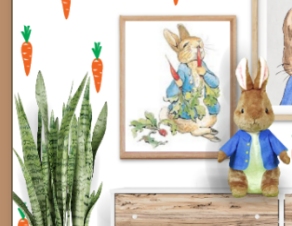Peter Rabbit art prints    Peter Rabbit wall art   Peter Rabbit  posters  Peter Rabbit eating carrot Art Print   Faux Trees  Faux plants   Beatrix Potter plush toys 
